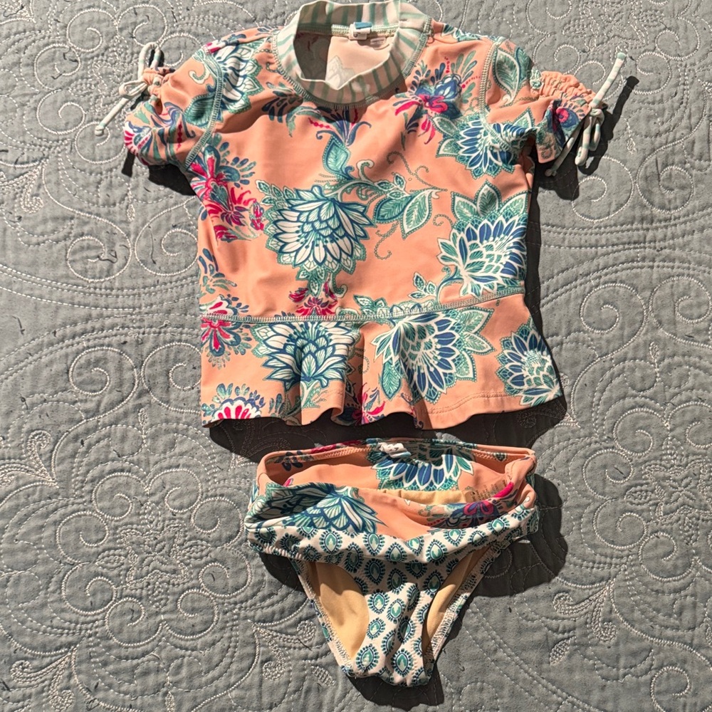 Cabana Life Peach and Teal Floral Kids Rashguard Set